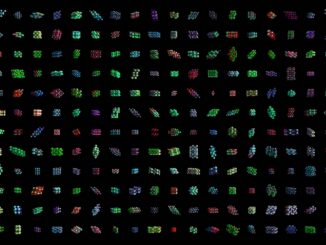 Illustration of new compounds being tested to illustrate the MatterGen diffusion model from Microsoft that uses AI to speed up materials discovery.