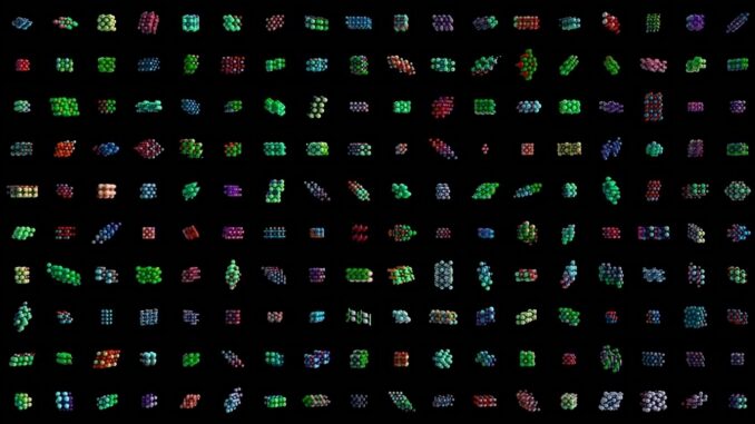 Illustration of new compounds being tested to illustrate the MatterGen diffusion model from Microsoft that uses AI to speed up materials discovery.